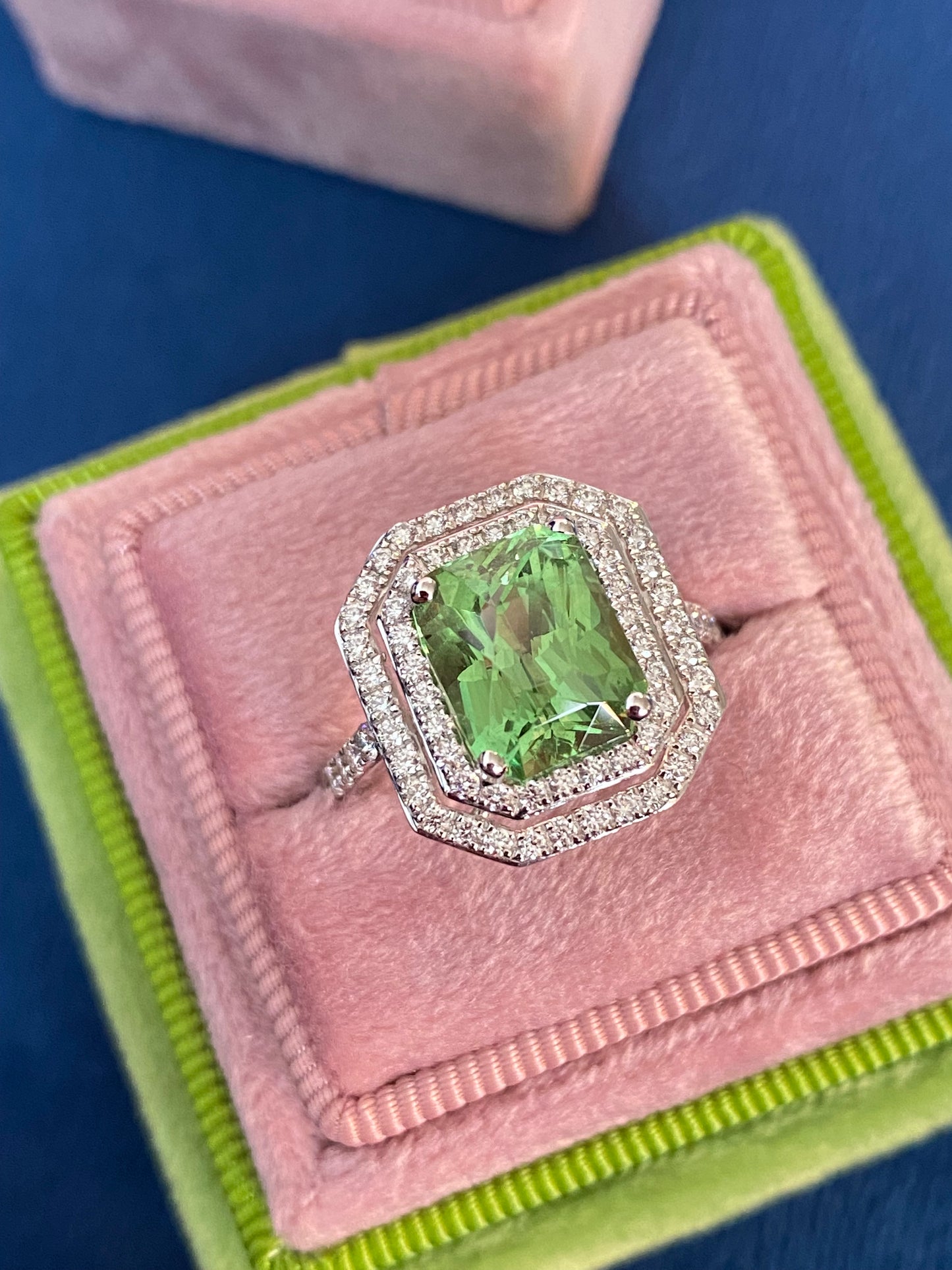 4.57ctw Tsavorite Garnet and Diamond Halo Engagement Ring in Platinum