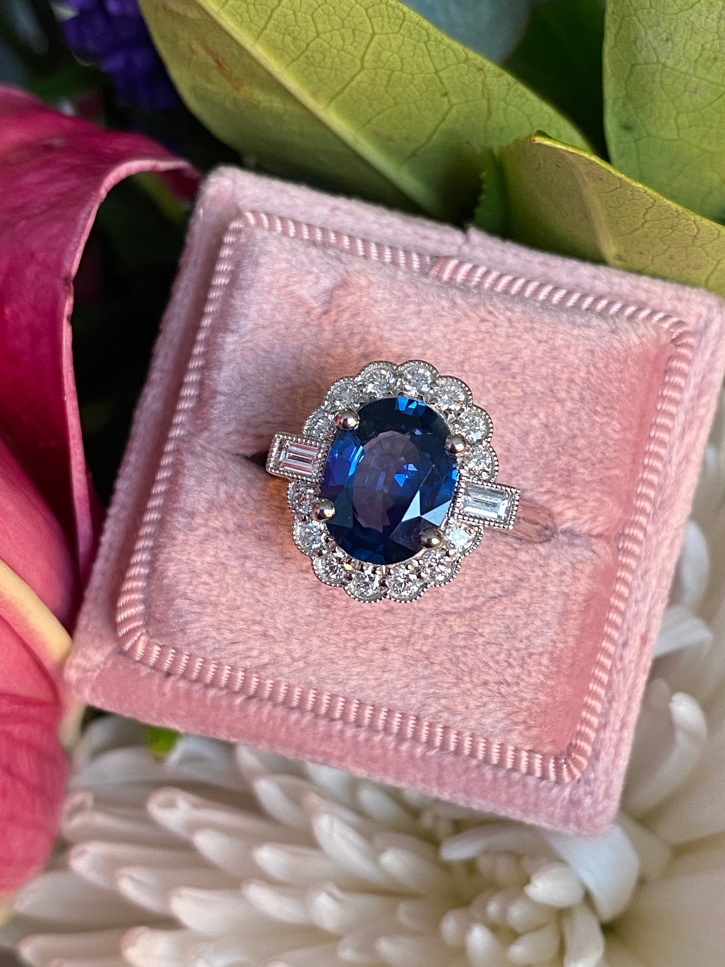 2.79 Carat Blue Ceylon Sapphire and 0.56ctw Natural Diamond Halo Ring in Platinum