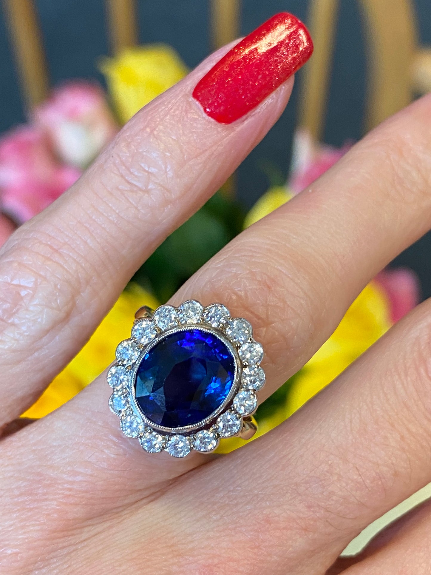 5.35 Carat Blue Ceylon Sapphire and Diamond Halo Ring in 18ct Gold