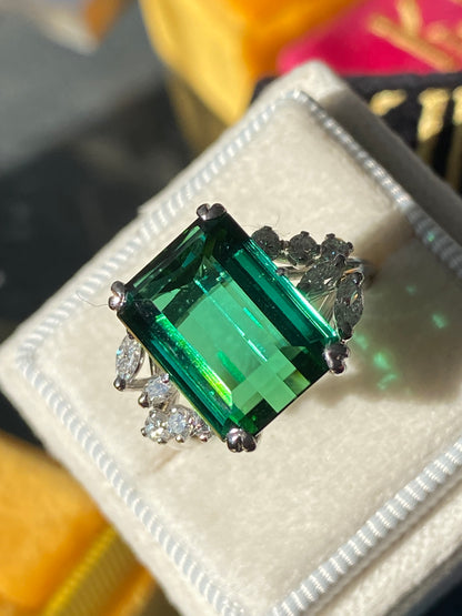 8.00 Carat Emerald Cut Green Tourmaline and Diamond Ring in 18ct White Gold