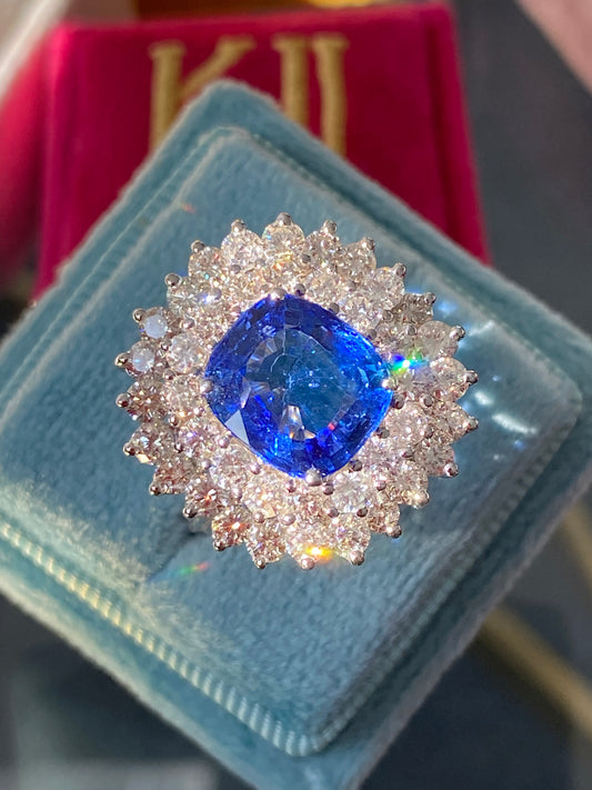 4.57 Carat Blue Ceylon Sapphire and Diamond Halo Engagement Ring in 18ct White Gold