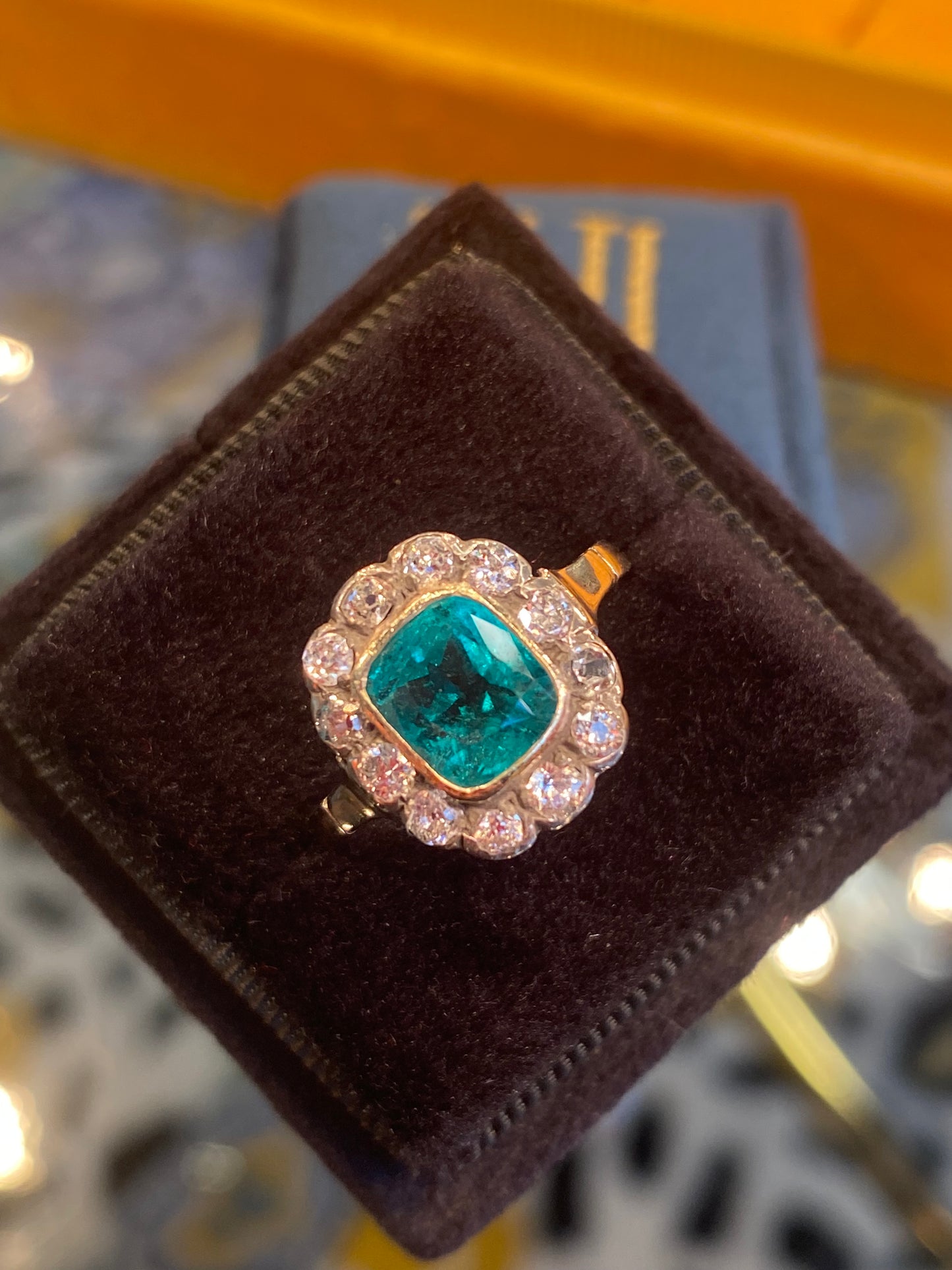 Antique Colombian Emerald and Old Cut Diamond Halo Ring in 18ct Yellow Gold