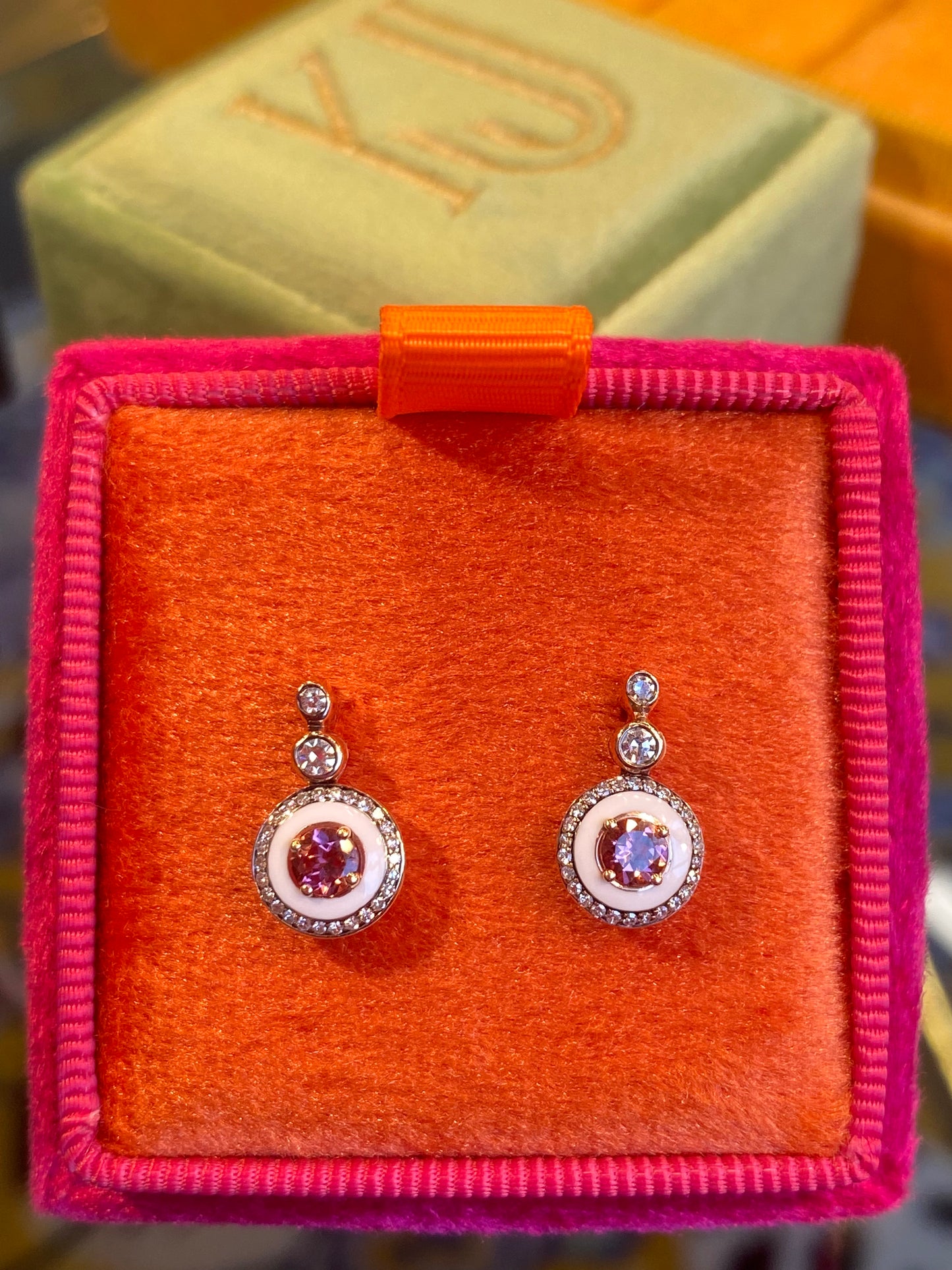 Pink Tourmaline, Diamond and Enamel Drop Earrings in 18ct Yellow Gold