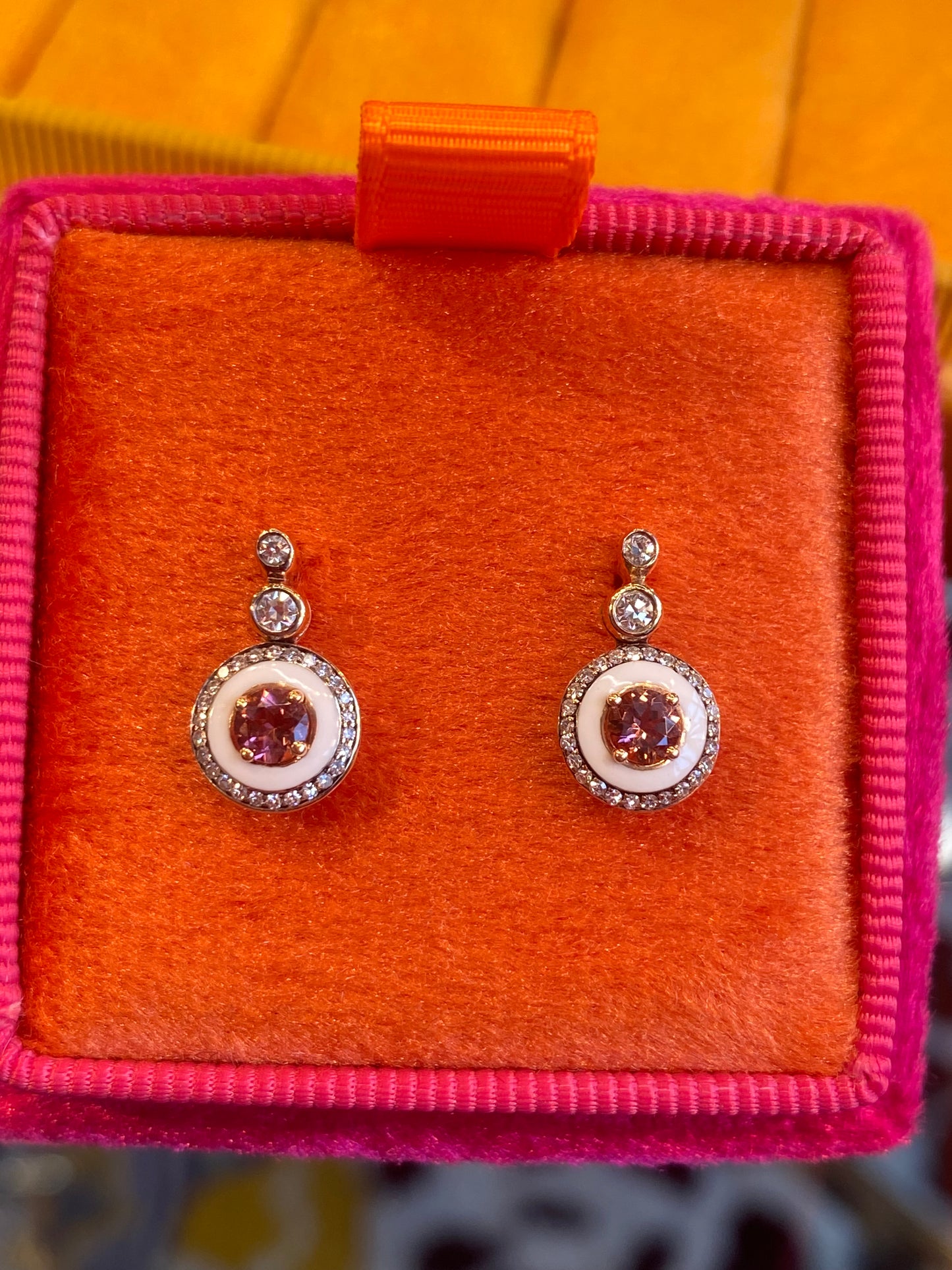 Pink Tourmaline, Diamond and Enamel Drop Earrings in 18ct Yellow Gold