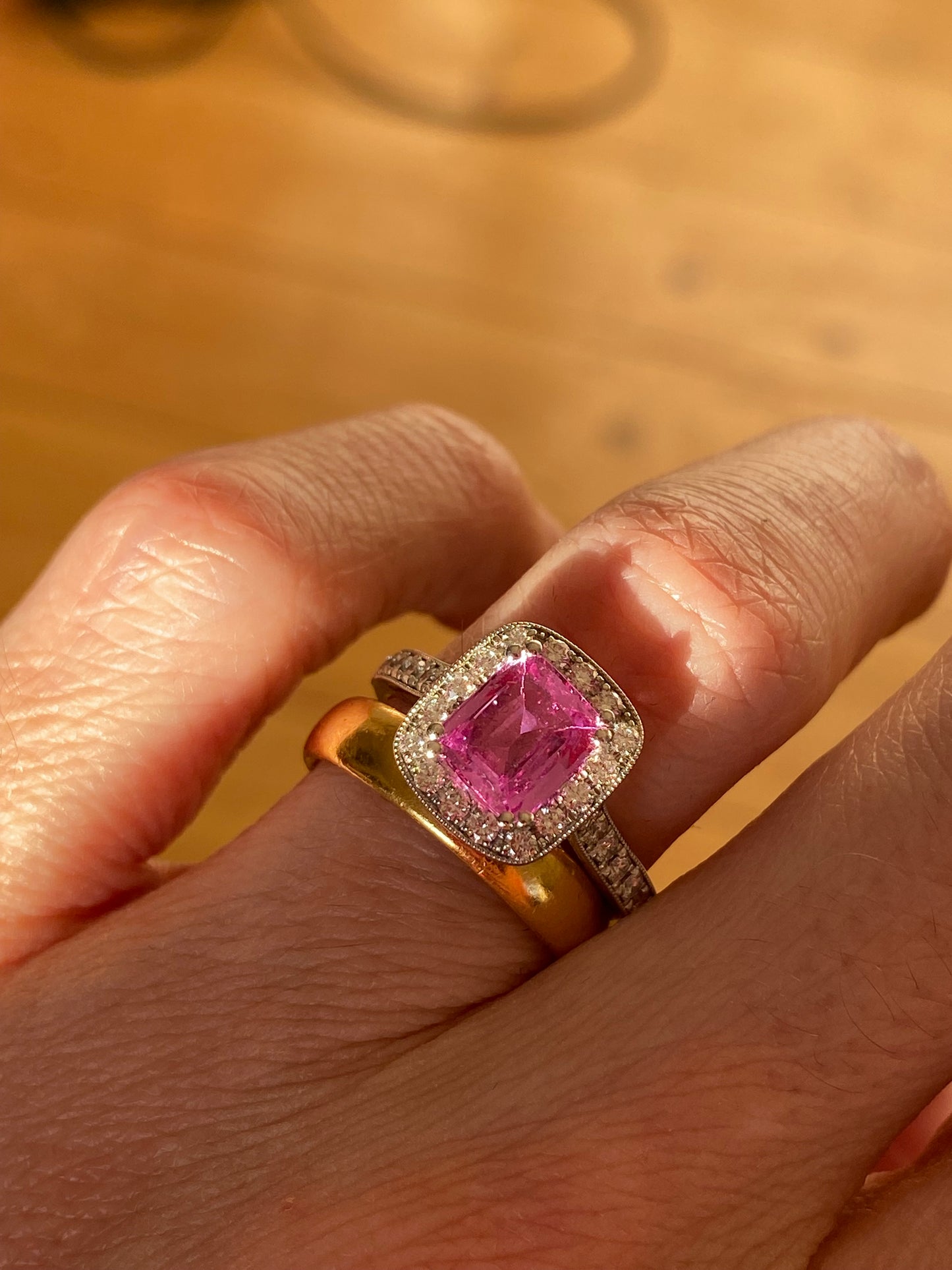 2.04 CTW Cushion Cut Pink Sapphire and Natural Diamond Halo Ring in Platinum