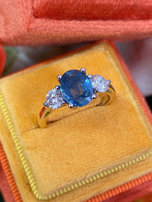 1.74 Carat Blue Ceylon Sapphire and Diamond Three Stone Engagement Ring in 18ct Yellow Gold