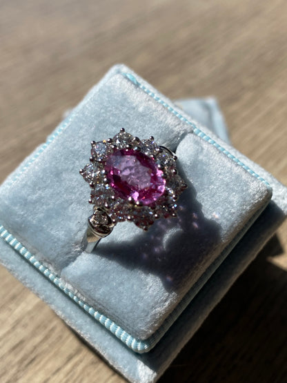 2.65 CTW Oval Cut Pink Sapphire and Natural Diamond Halo Ring in Platinum