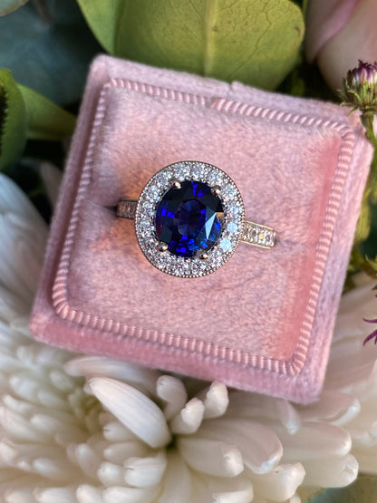 2.10 Carat Blue Ceylon Sapphire and 0.77ctw Natural Diamond Halo Ring in Platinum