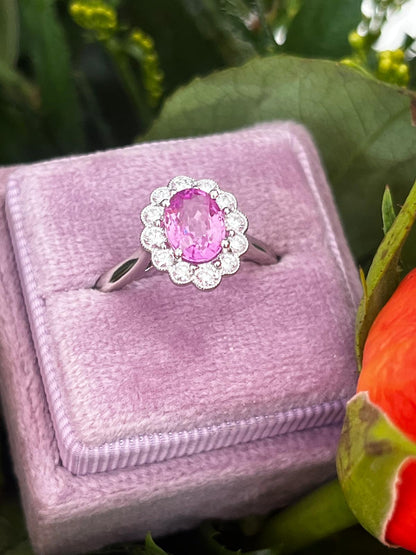 1.94 CTW Oval Cut Pink Sapphire and Natural Diamond Halo Engagement Ring in Platinum