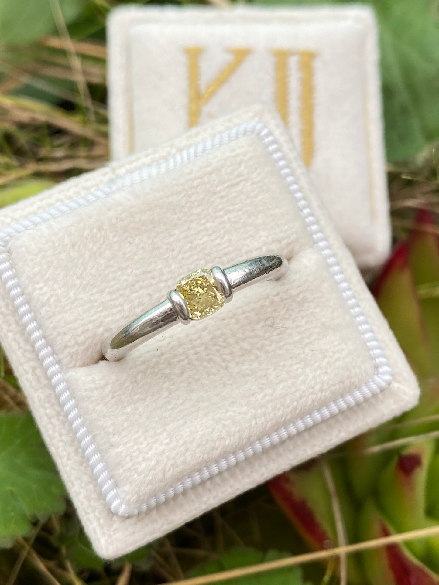 0.39 Carat Fancy Yellow Cushion Cut Diamond Solitaire Ring in Platinum