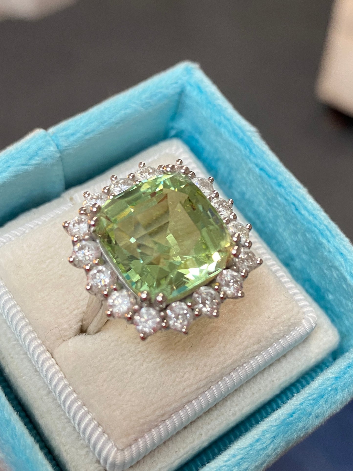 11.86 Carat Cushion Cut Mint Tourmaline and 1.88ctw Natural Diamond Ring in Platinum