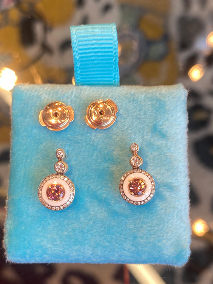 Pink Tourmaline, Diamond and Enamel Drop Earrings in 18ct Yellow Gold