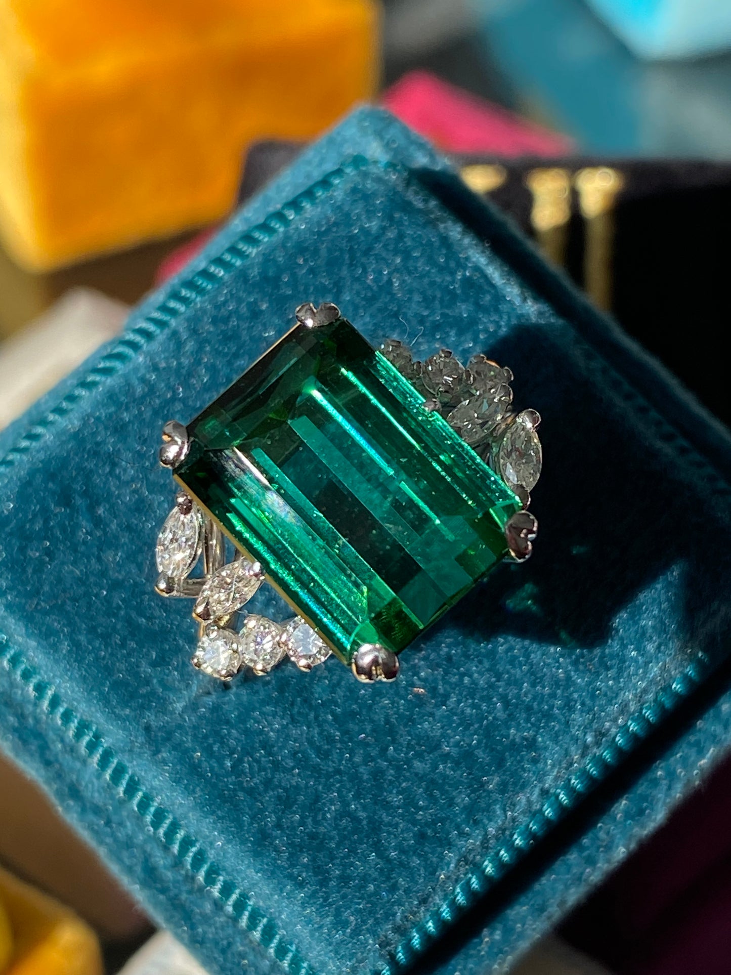 8.00 Carat Emerald Cut Green Tourmaline and Diamond Ring in 18ct White Gold