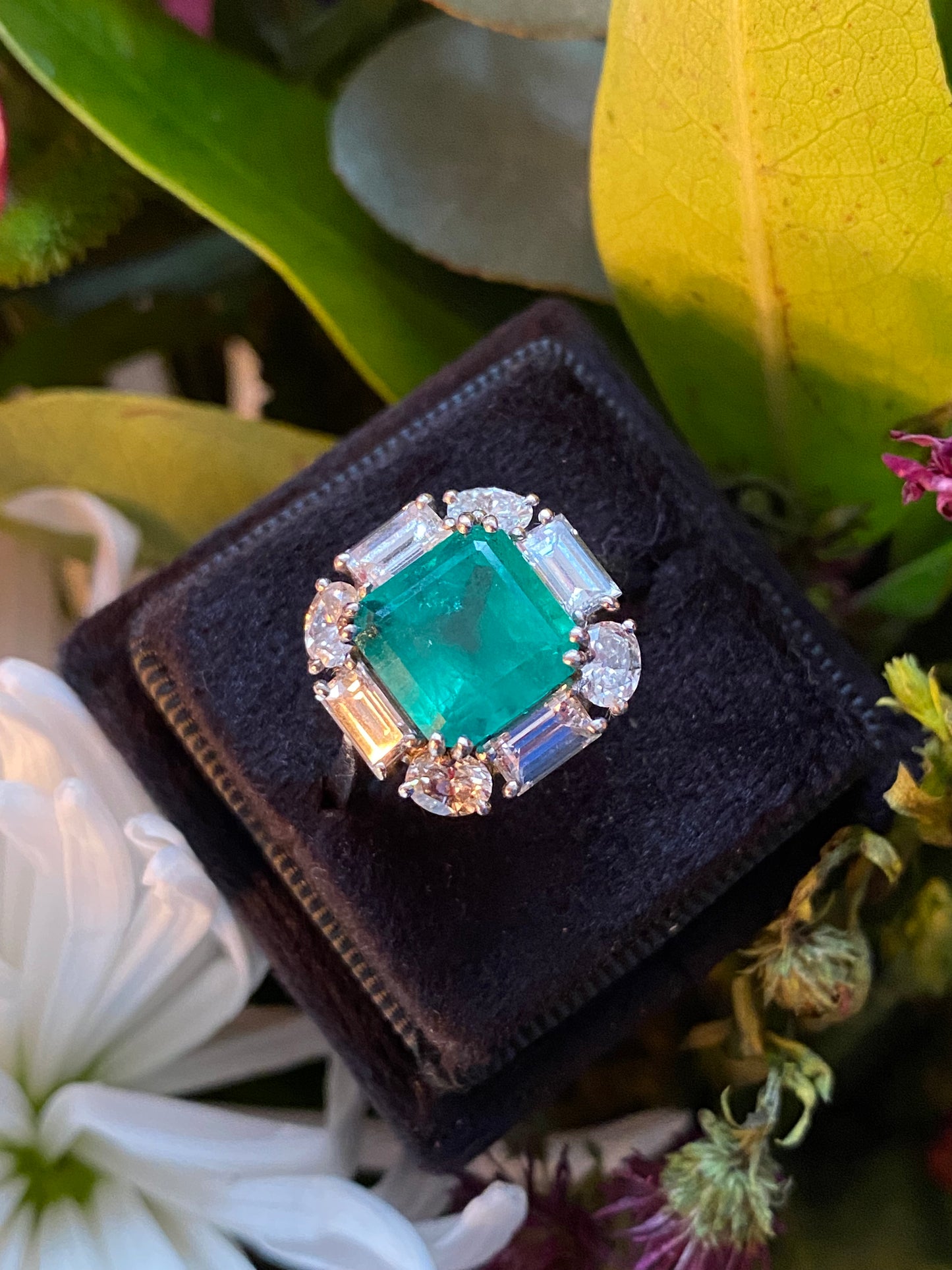 5.66 CTW Vintage Sqaure Emerald Cut Colombian Emerald and Natural Diamond Halo Ring in Platinum