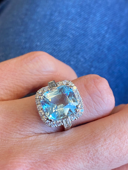 5.12 CTW Cushion Cut Aquamarine and Natural Diamond Halo Engagement Ring in Platinum