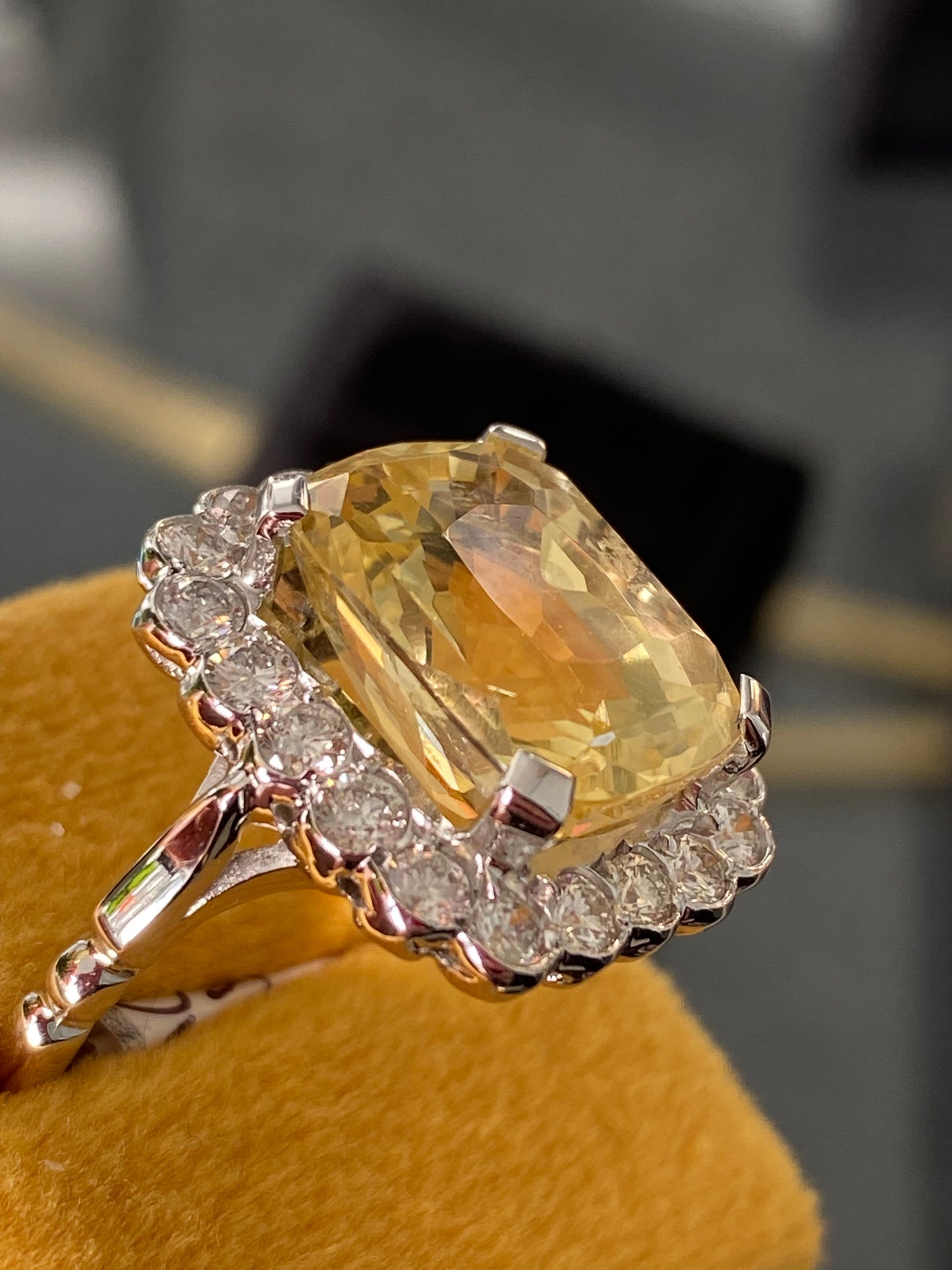 11.32 Carat Certified Unheated Yellow Sapphire and 1.05 Carat Diamond Ring