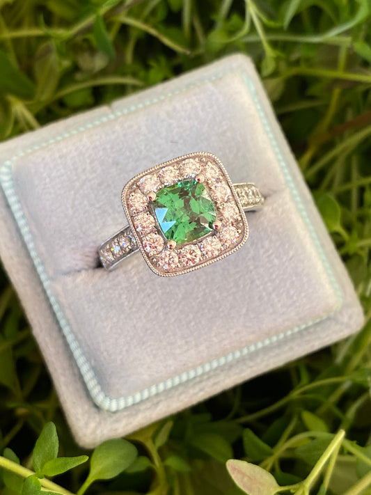 1.29 Carat Tsavorite Garnet and 0.72 Carat Diamond Halo Engagement Ring in Platinum