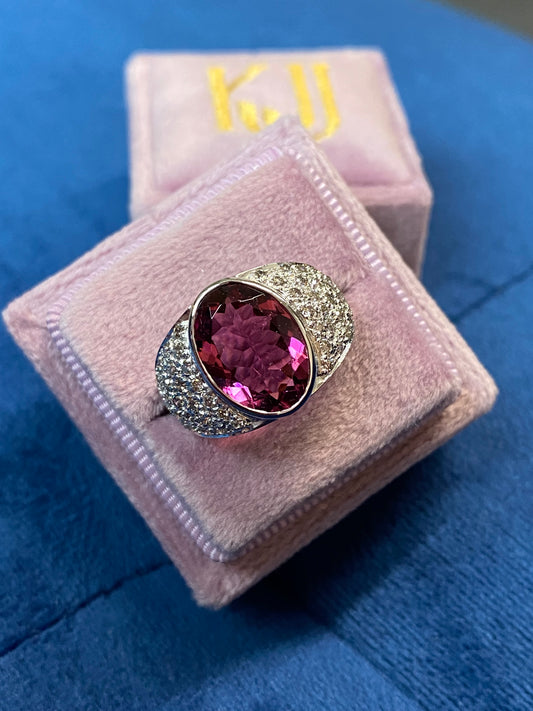 7.50 CTW Oval Cut Pink Tourmaline and Diamond Ring in 18ct White Gold