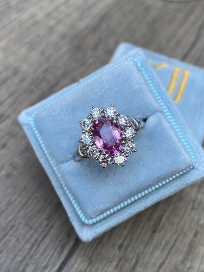 2.65 CTW Oval Cut Pink Sapphire and Natural Diamond Halo Ring in Platinum