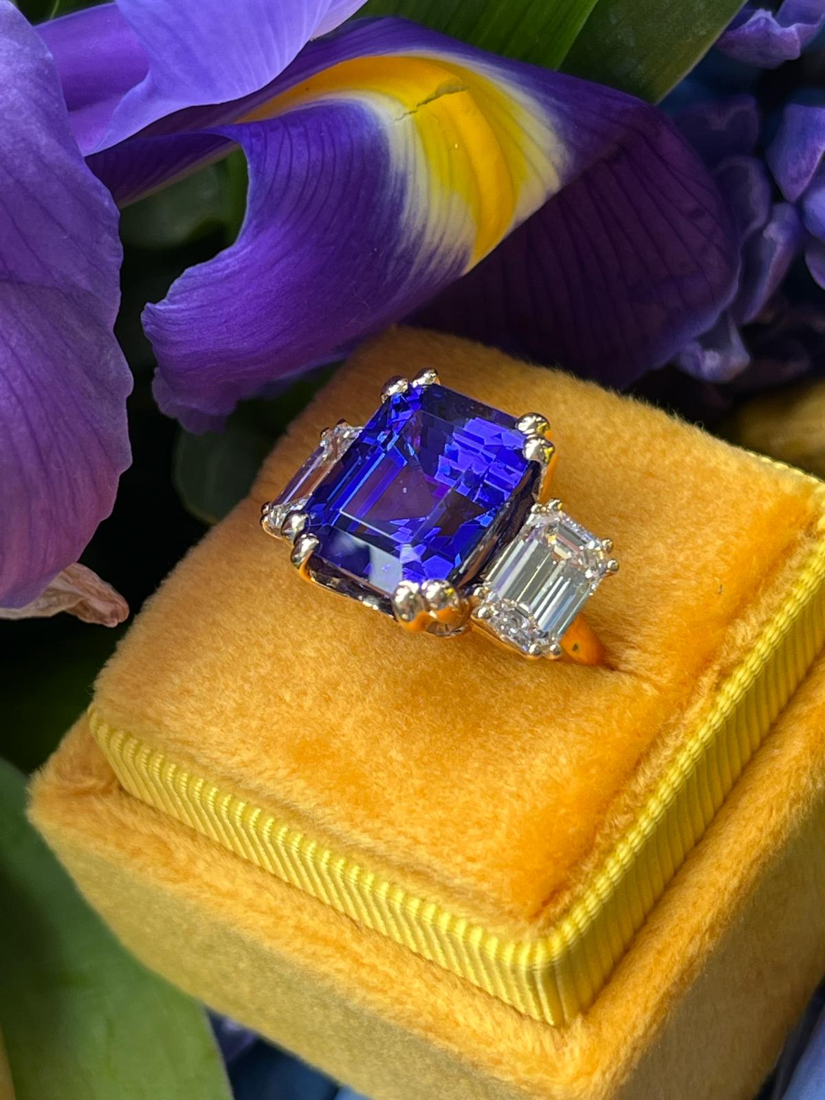 6.79 Carat Emerald Cut Tanzanite and 2.00ctw Diamond Ring in 18ct Yellow Gold