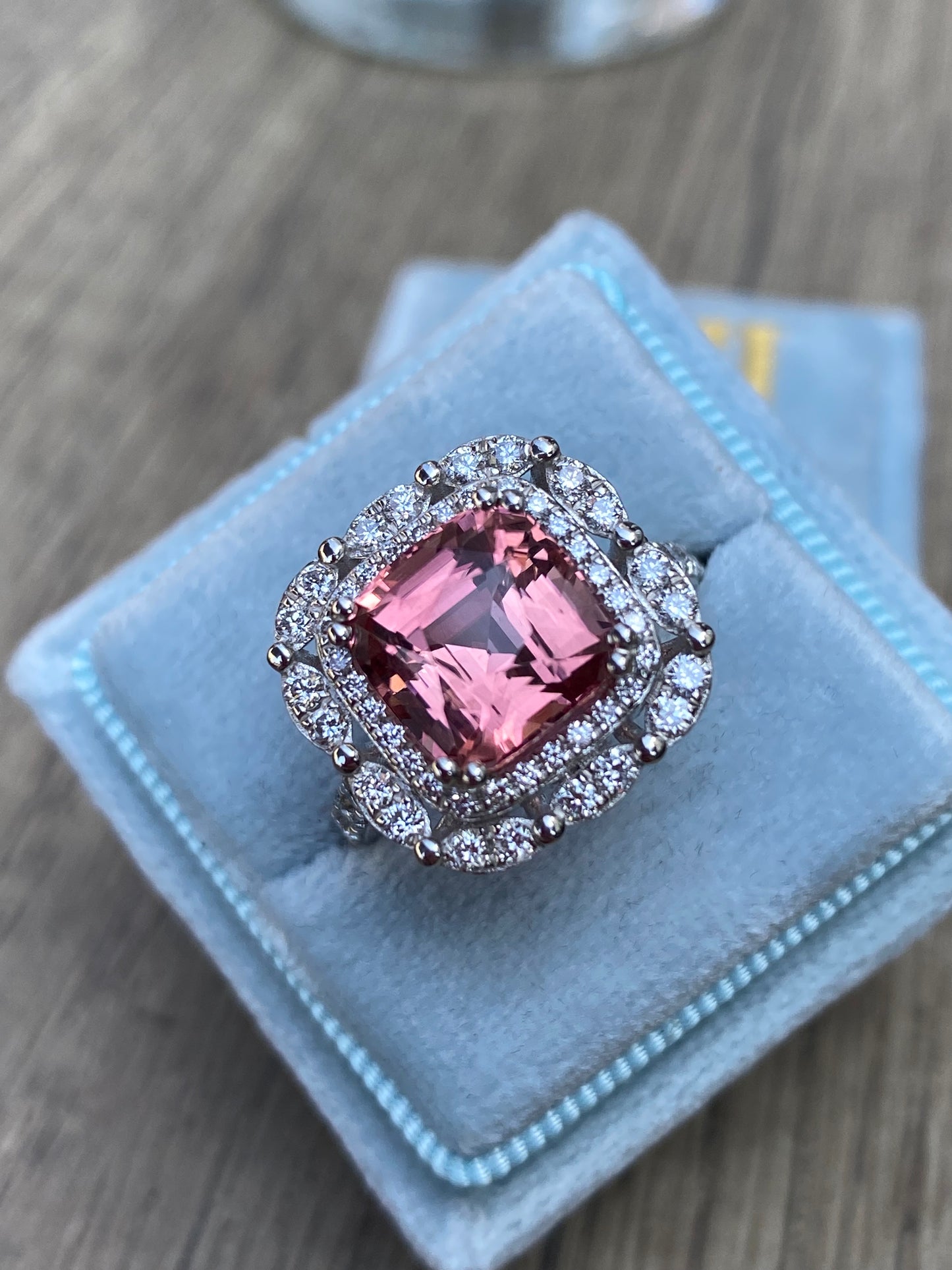 4.39 Carat Cushion Cut Pink Tourmaline and Natural Diamond Ring in Platinum