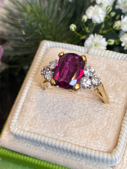 3.00 Carat Oval Cut Rubellite Tourmaline and Diamond Ring in 18ct Yellow Gold