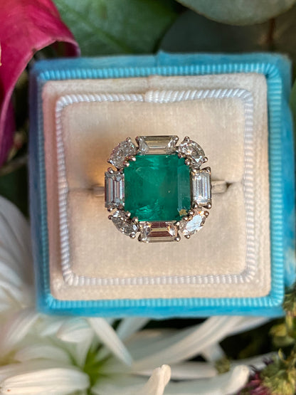 5.66 CTW Vintage Sqaure Emerald Cut Colombian Emerald and Natural Diamond Halo Ring in Platinum