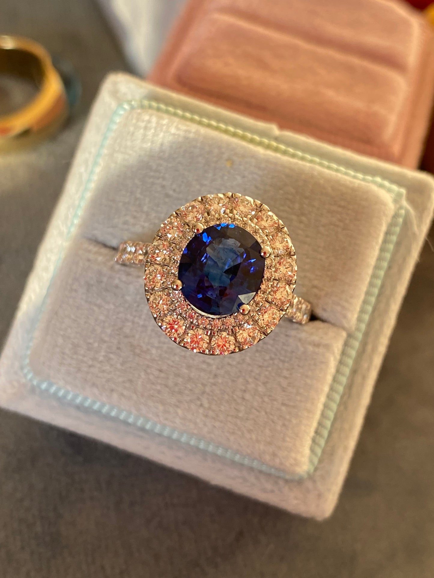 3.33 CTW Blue Ceylon Sapphire and Natural Diamond Halo Ring in Platinum