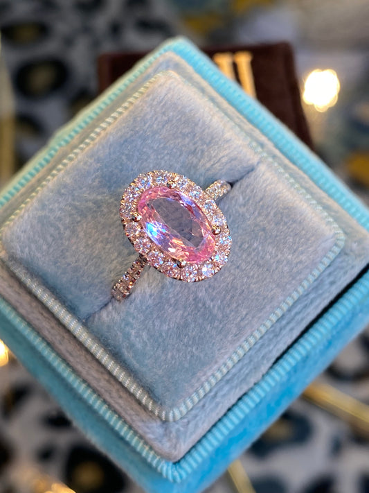 1.94 CTW Oval Cut Pink Topaz and Natural Diamond Halo Ring in Platinum