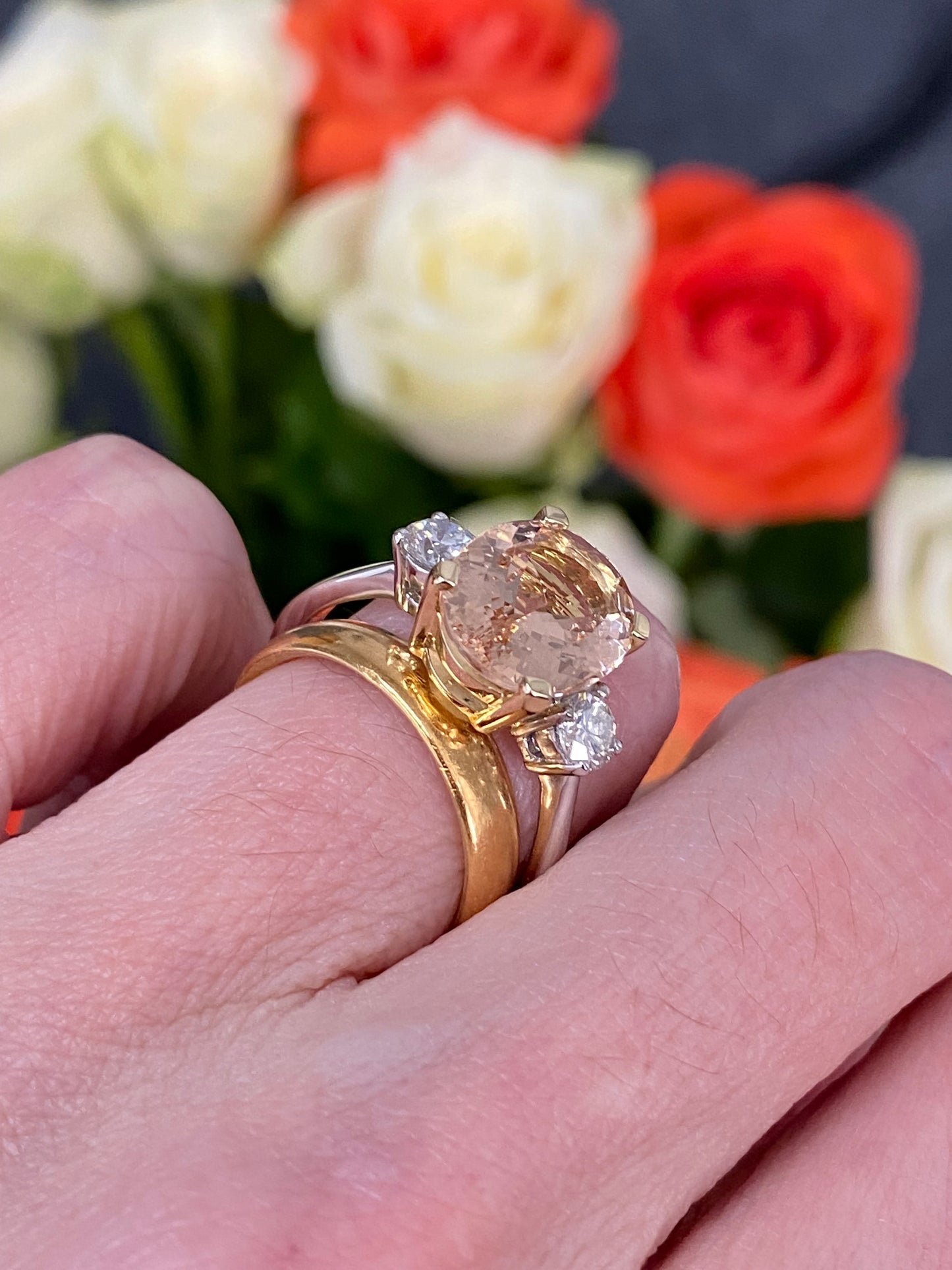 3.11ct Oval Cut Morganite and Diamond Three Stone Engagement Ring in 18ct Gold