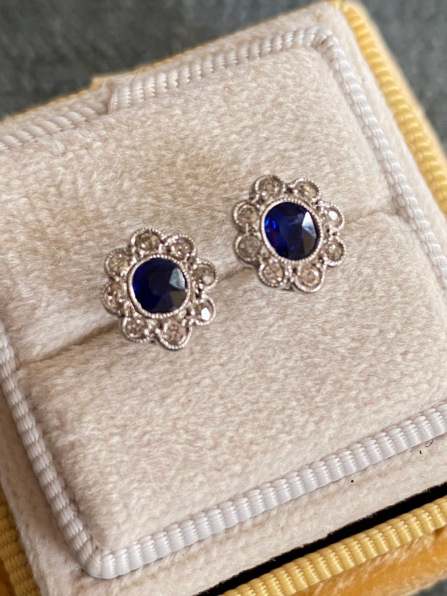 Antique Sapphire and Old Cut Diamond Halo Earrings in 18ct White Gold