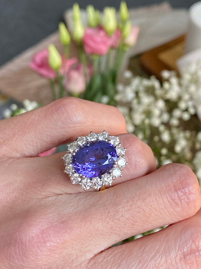 9.40 Carat Oval Cut Tanzanite and 2.02ctw Natural Diamond Cocktail Ring in 18ct Gold