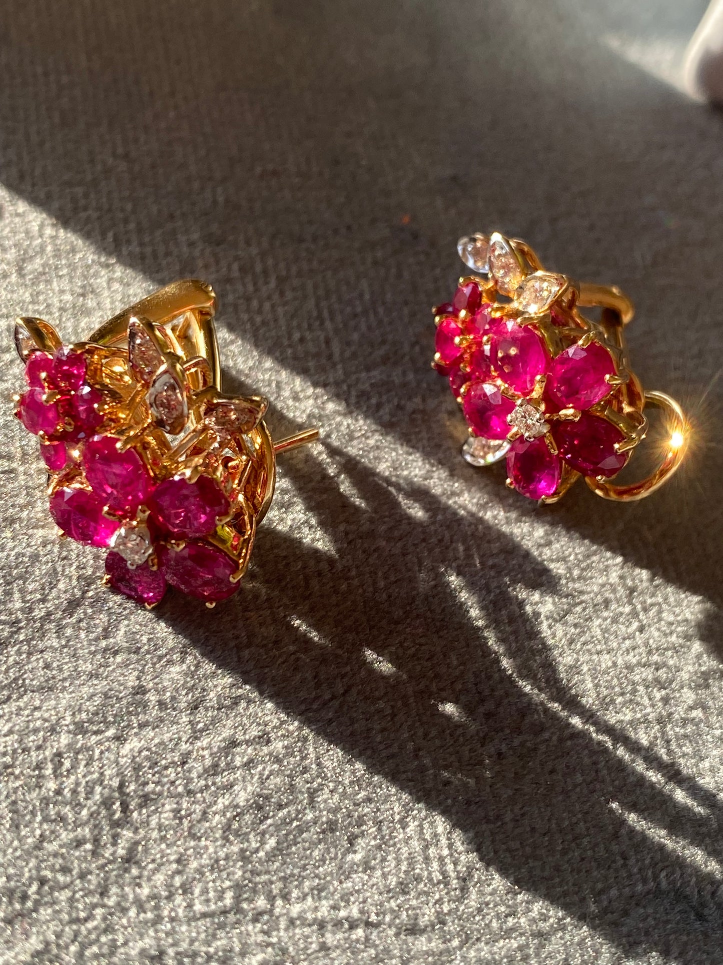 Vintage Burmese Ruby and Diamond Earrings in 18ct Yellow Gold