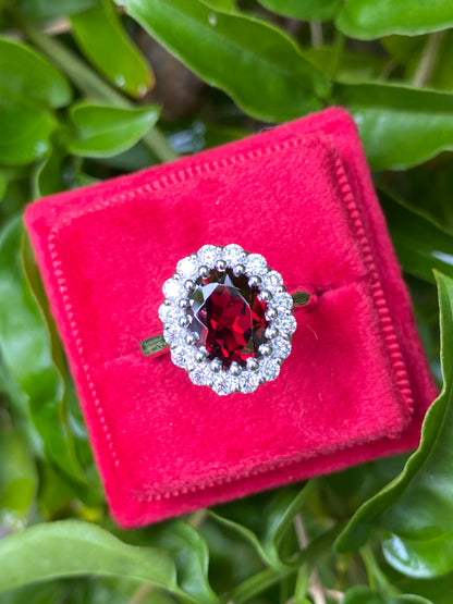 2.33 CTW Oval Cut Garnet and Moissanite Halo Cocktail Ring