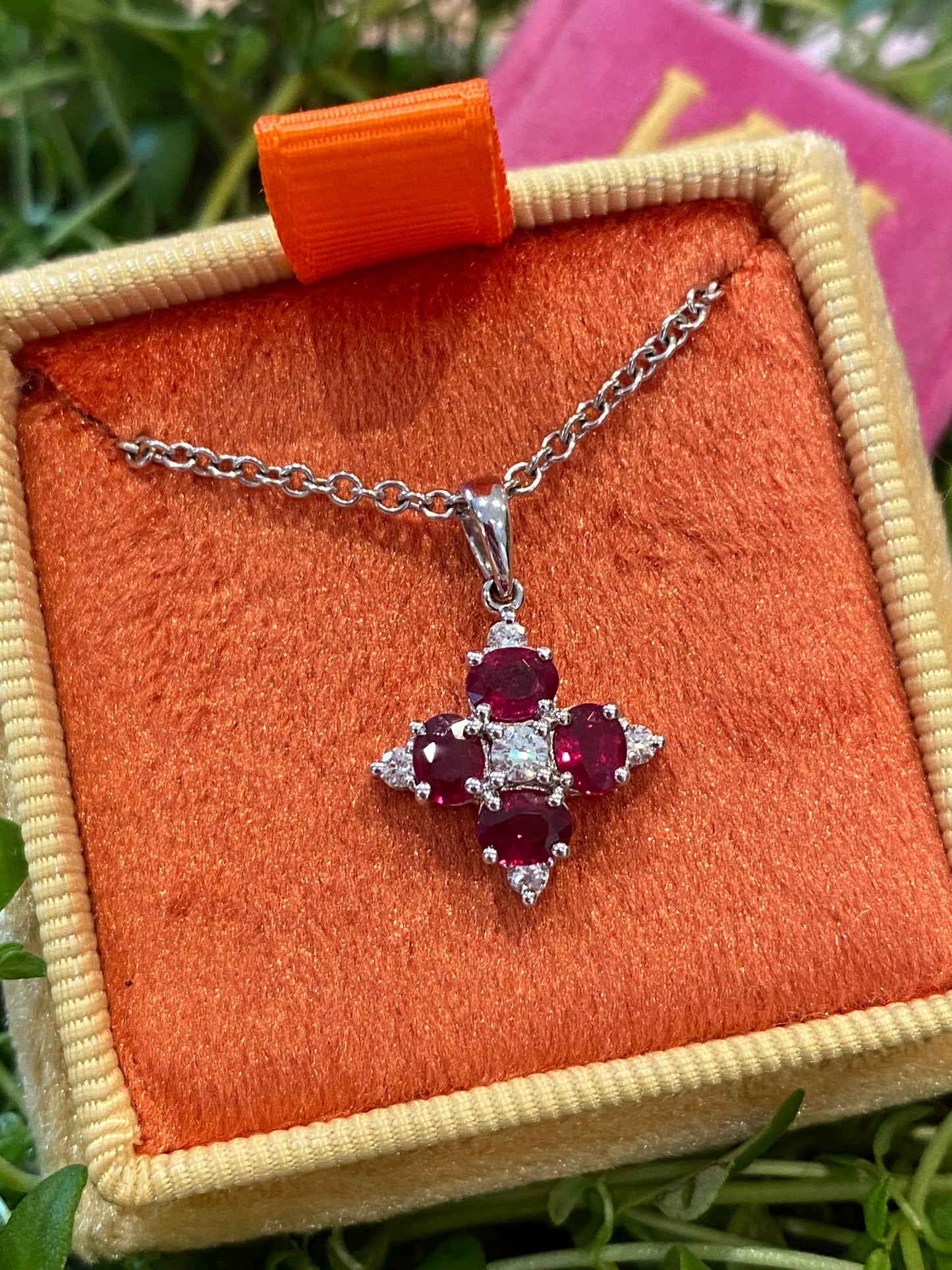 Vintage Ruby and Diamond Pendant Necklace in 18ct White Gold