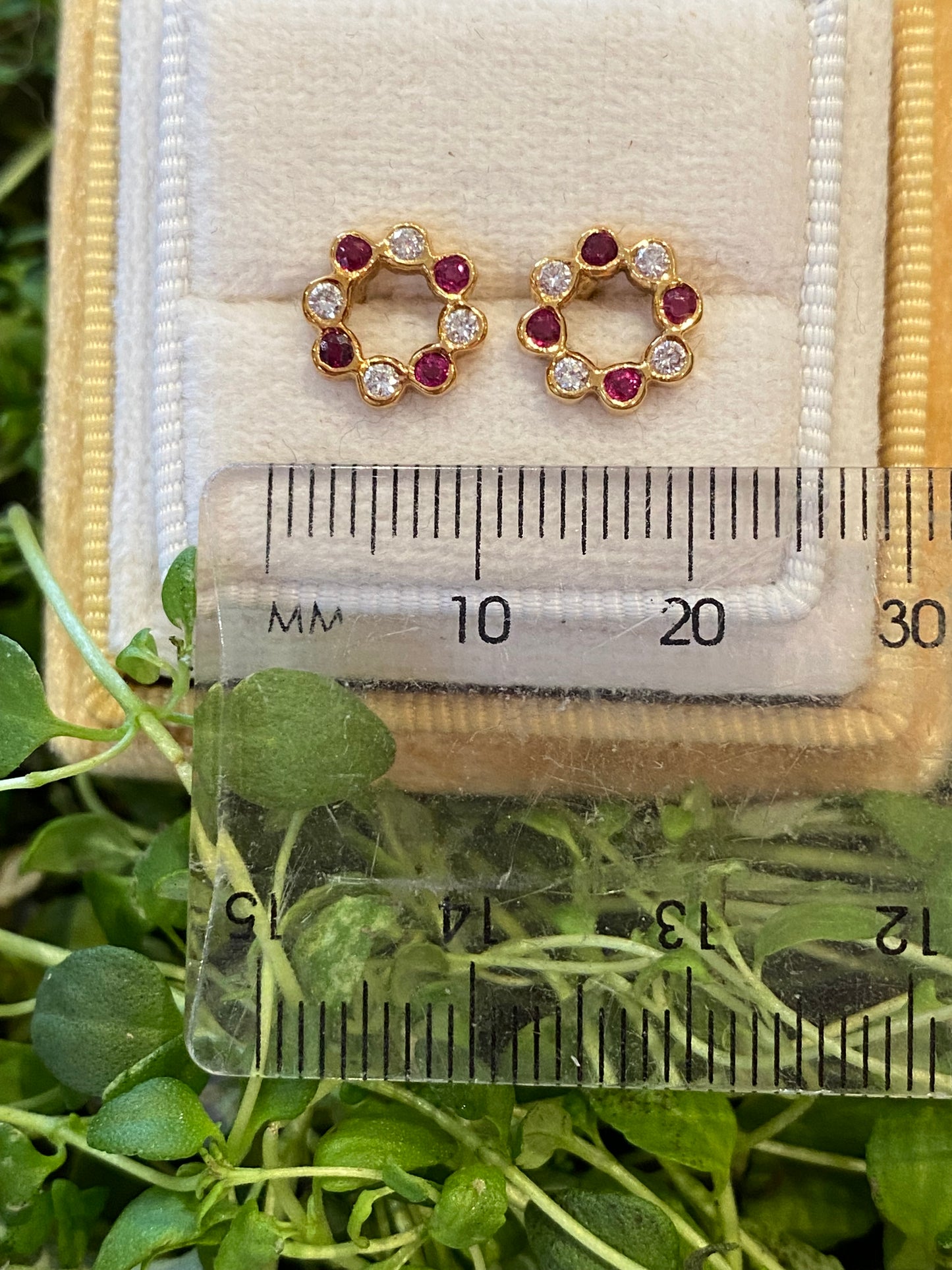 Ruby and Diamond Christmas Wreath Earrings in 18ct Yellow Gold