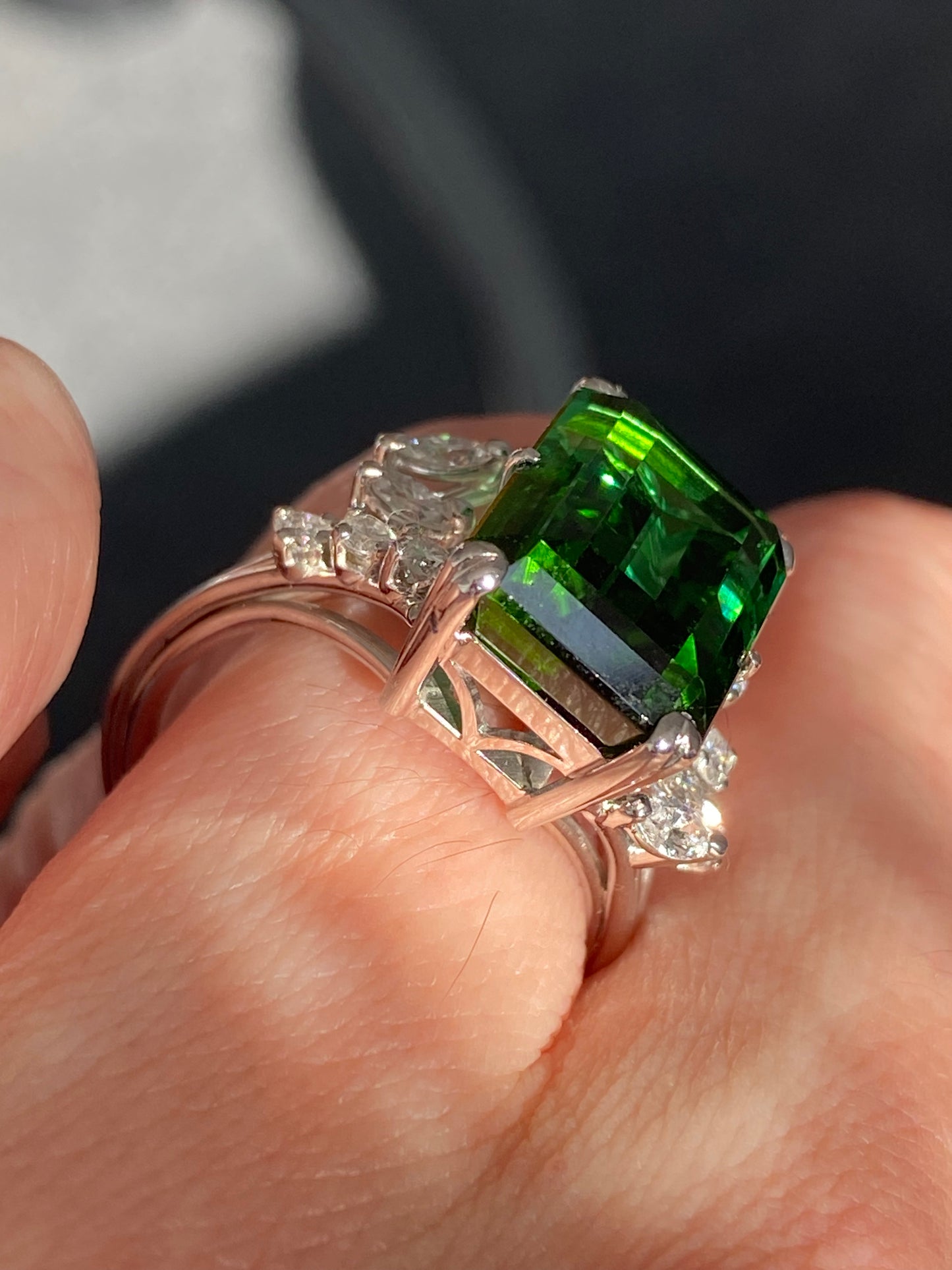 8.00 Carat Emerald Cut Green Tourmaline and Diamond Ring in 18ct White Gold