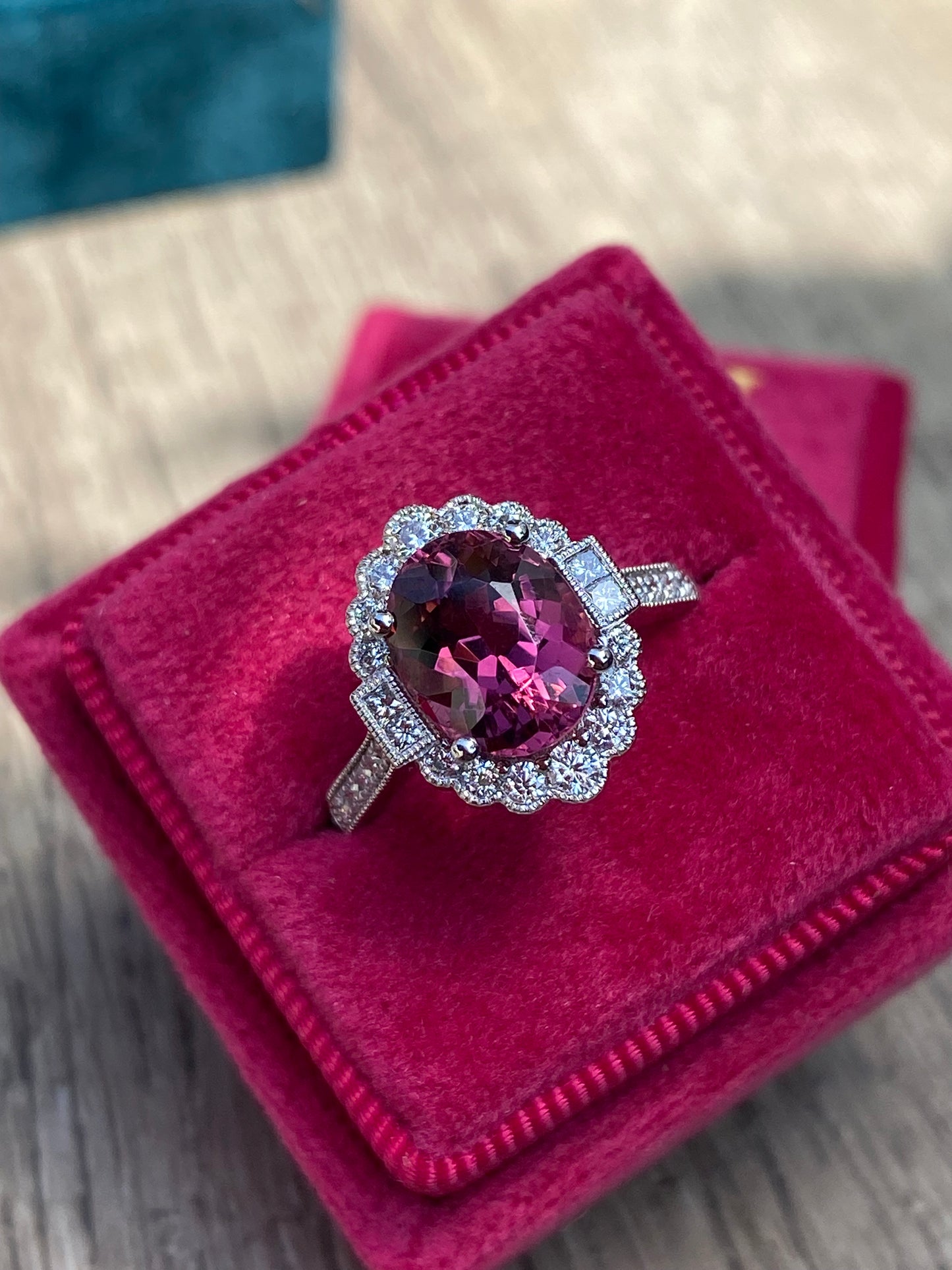 3.13 Carat Cut Pink Tourmaline and Natural Diamond Ring in Platinum