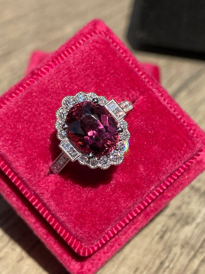 3.13 Carat Cut Pink Tourmaline and Natural Diamond Ring in Platinum