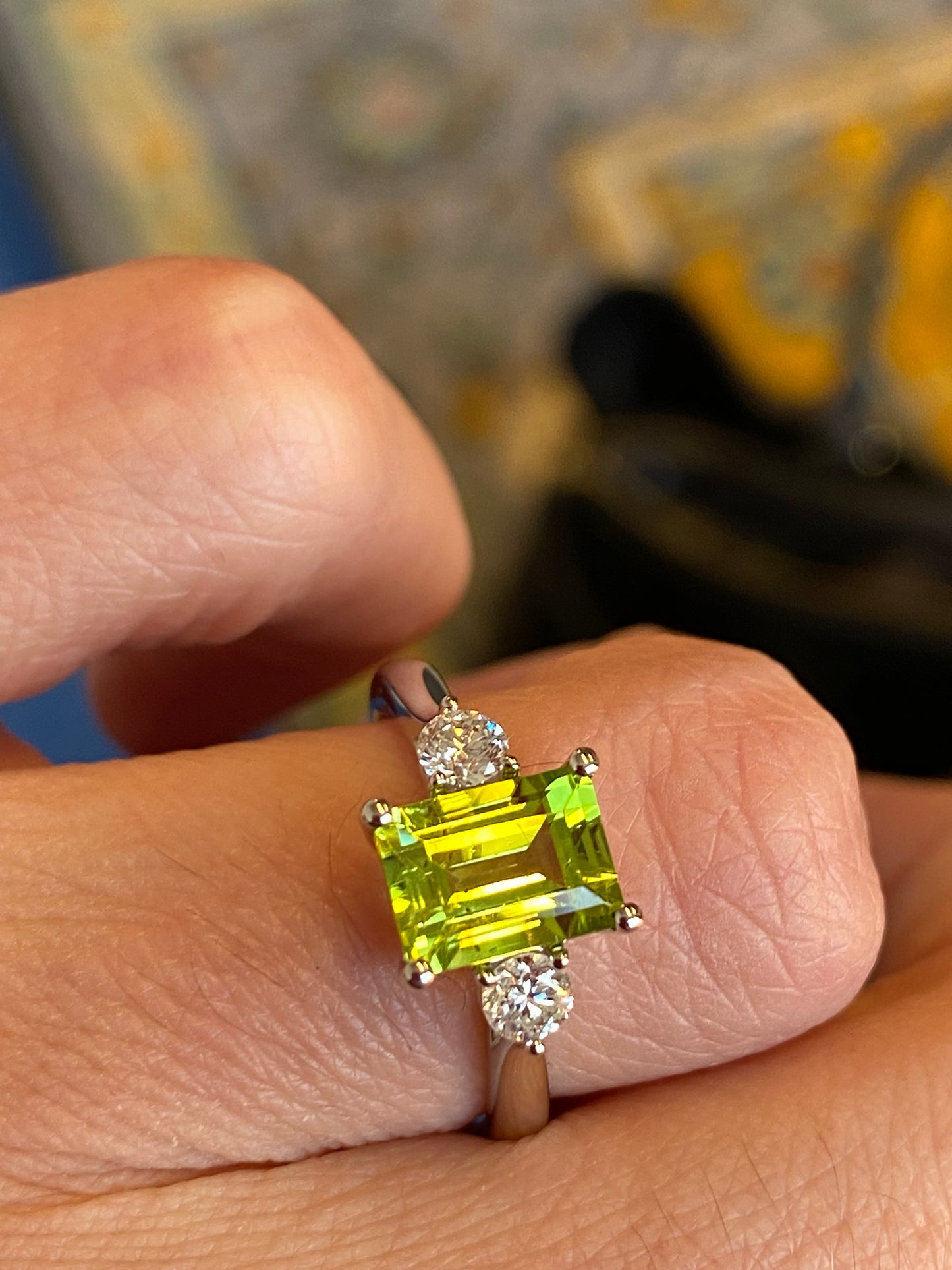 2.06 CTW Carat Peridot and Diamond Three Stone Engagement Ring in Platinum