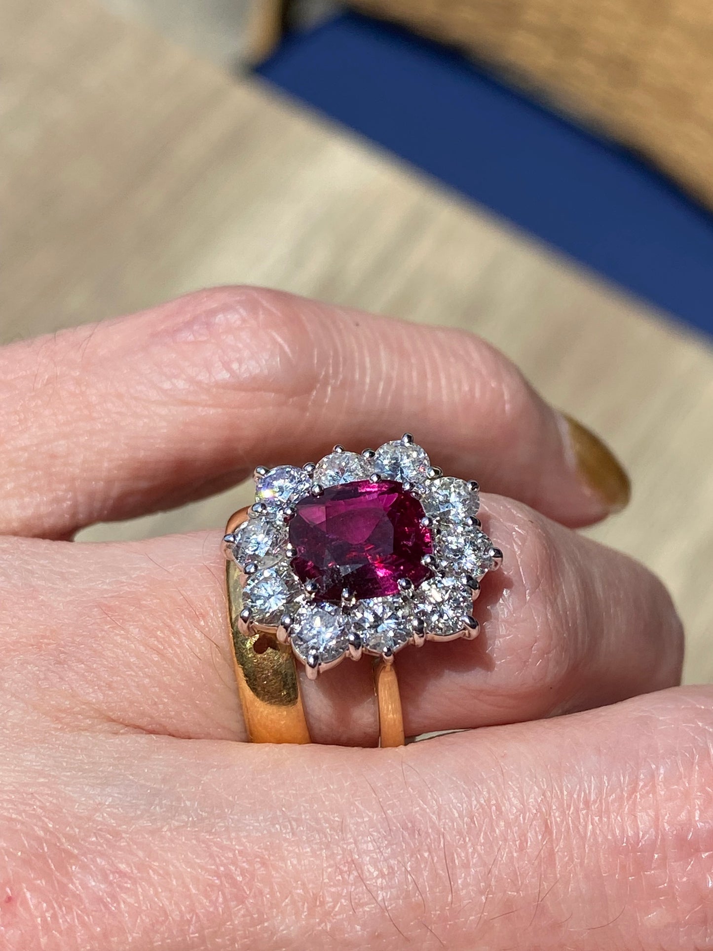 5.04 CTW No Heat Ruby and Natural Diamond Halo Ring in 18ct Yellow Gold