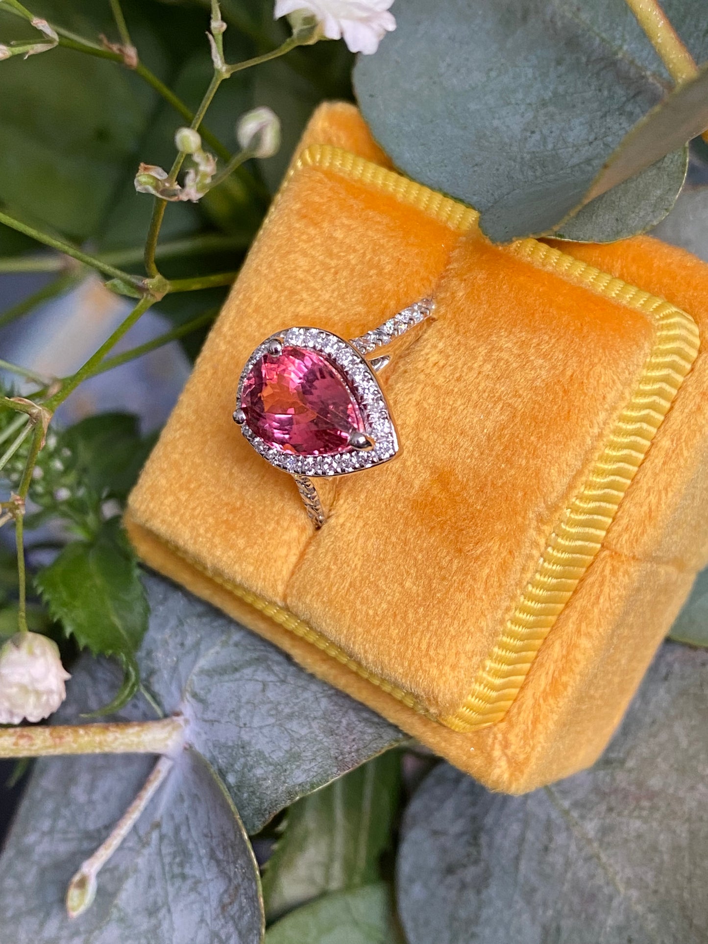 2.11 Carat Pear Cut Pink Tourmaline and Natural Diamond Ring in Platinum