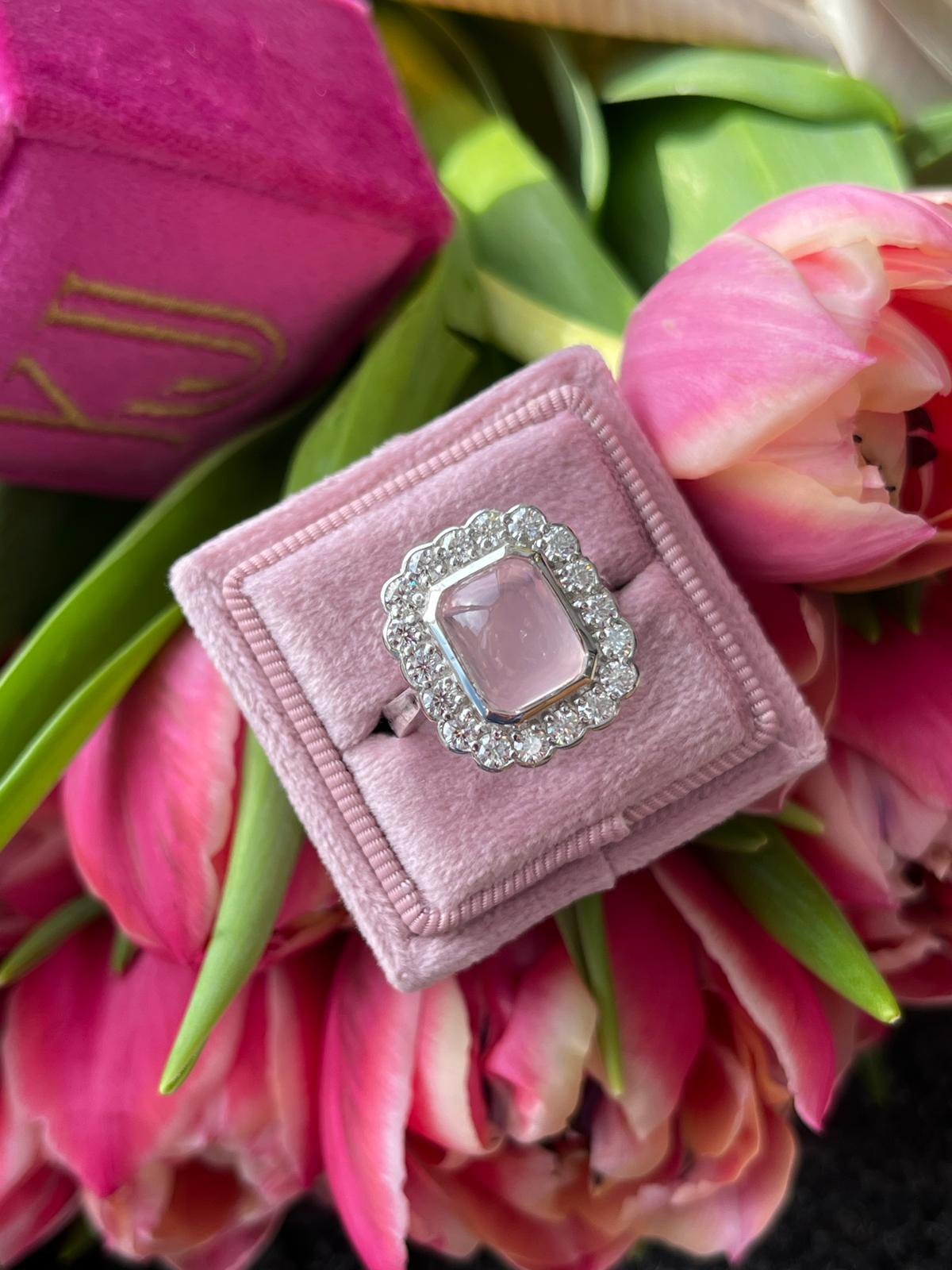 4.50 CTW Cabochon Cut Rose Quartz and Moissanite Halo Cocktail Ring