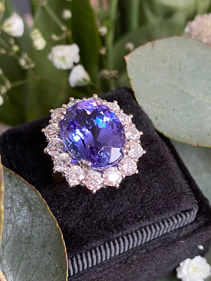 9.40 Carat Oval Cut Tanzanite and 2.02ctw Natural Diamond Cocktail Ring in 18ct Gold