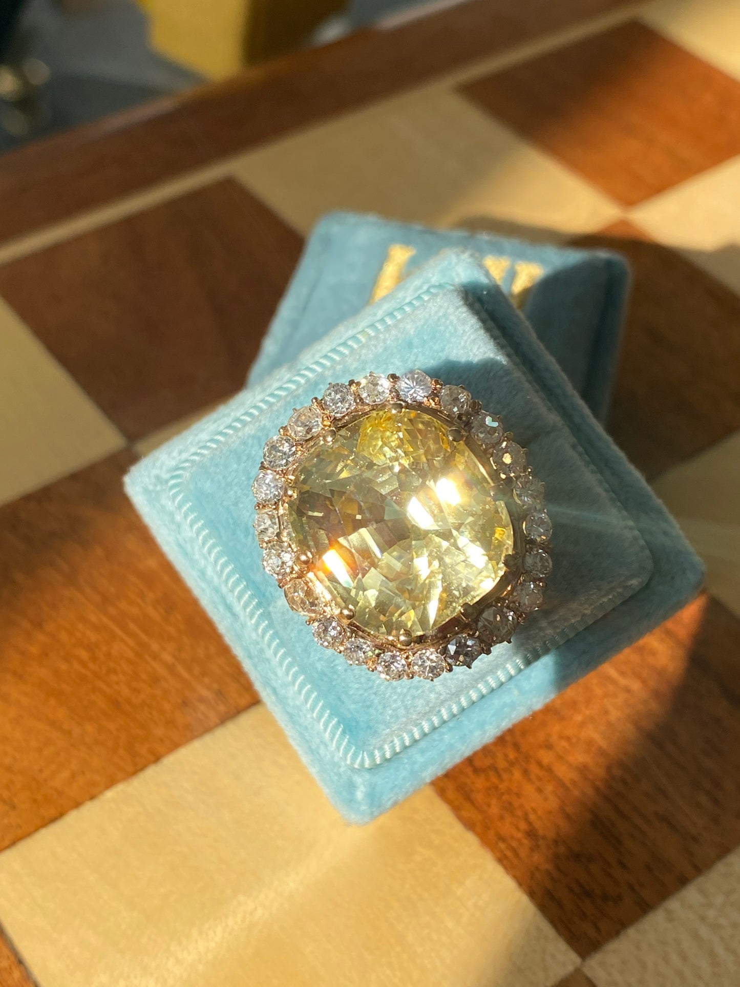 23.62 Carat Certified Unheated Yellow Sapphire and Old Cut Diamond Antique Ring