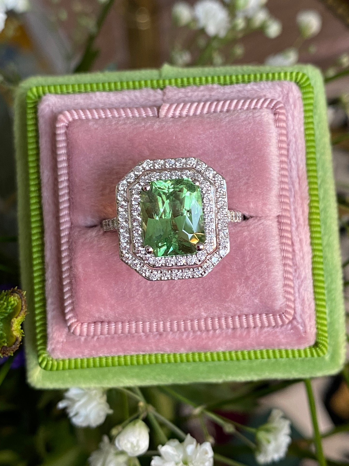 4.57ctw Tsavorite Garnet and Diamond Halo Engagement Ring in Platinum