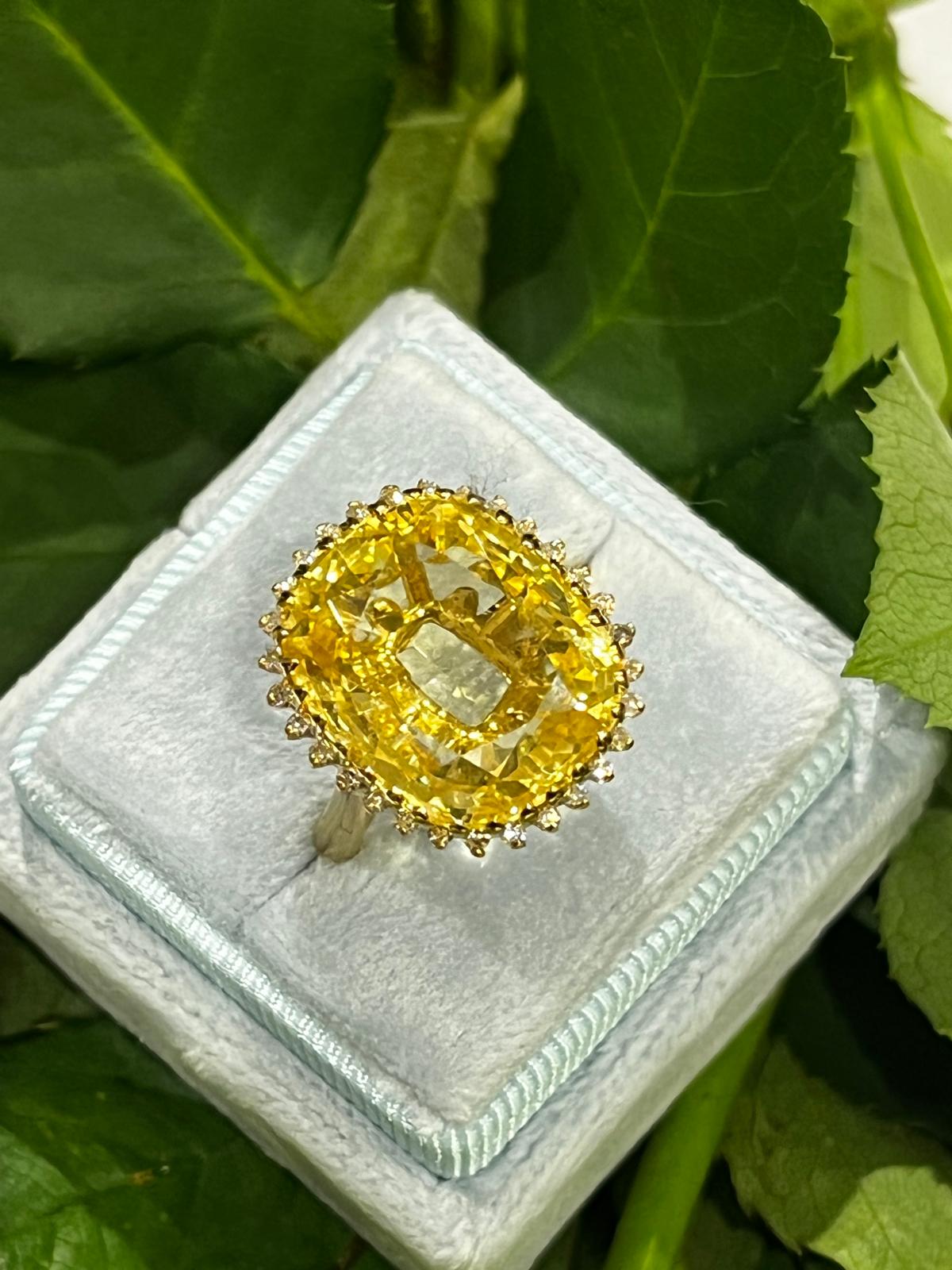 Masterpiece 19.23 Carat Certified Antique Unheated Yellow Sapphire and Diamond Ring