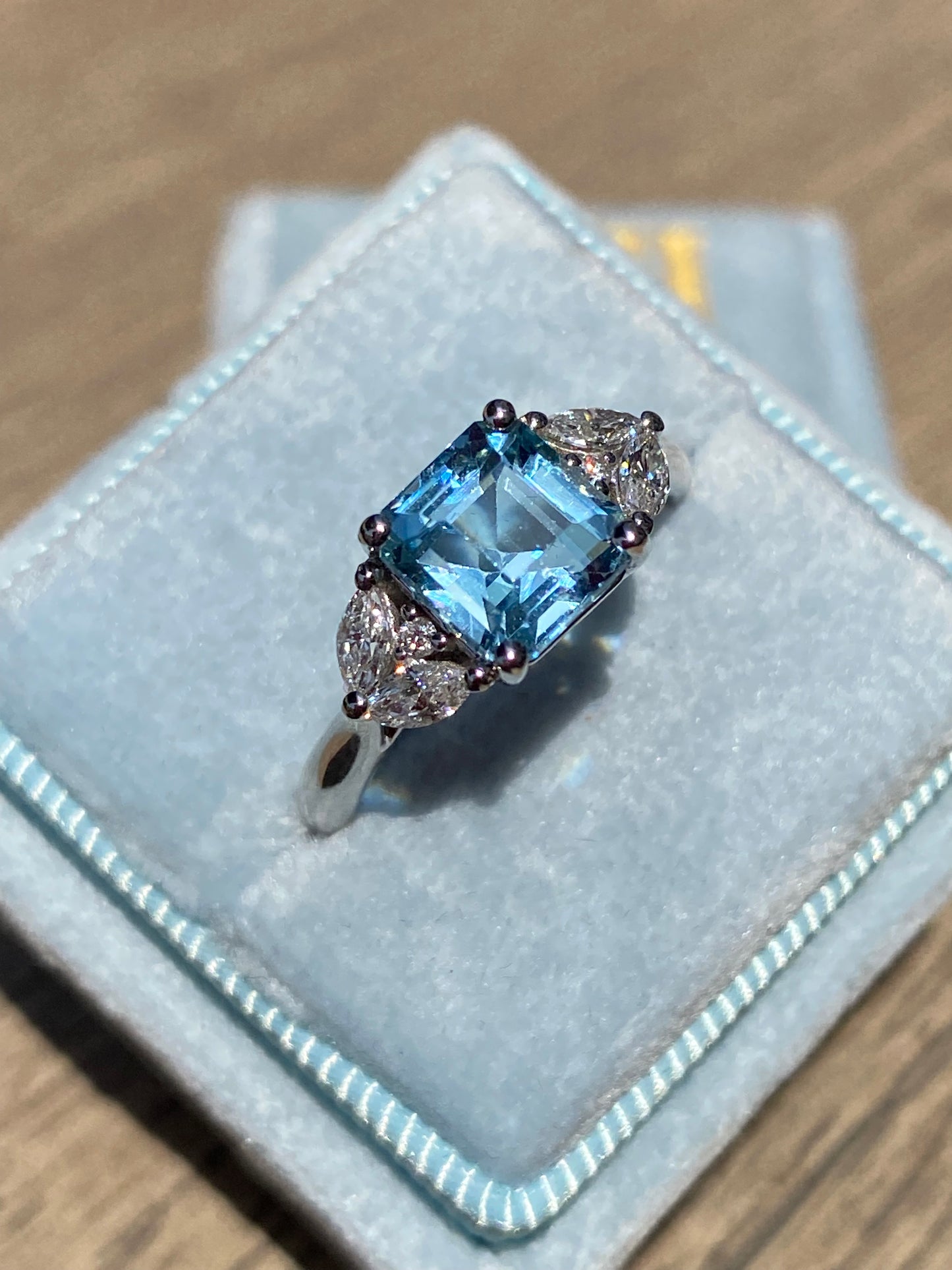 1.40 Carat Aquamarine and Natural Diamond Three-Stone Ring in Platinum