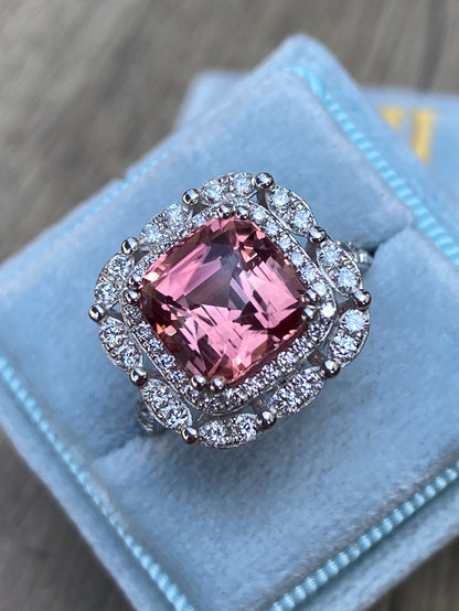 4.39 Carat Cushion Cut Pink Tourmaline and Natural Diamond Ring in Platinum