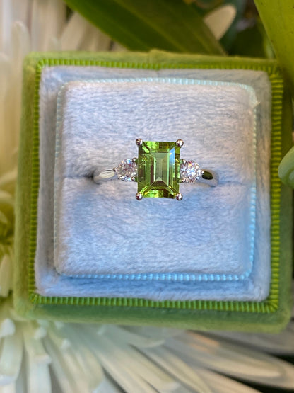 2.06 CTW Carat Peridot and Diamond Three Stone Engagement Ring in Platinum